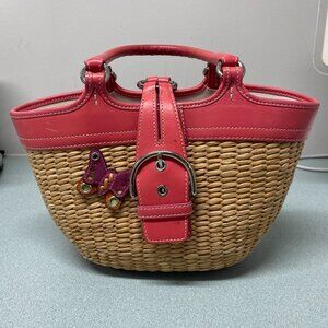 Coach Woven Straw/Wicker Dark Pink Leather Satchel Bag/Purse Butterfly Applique